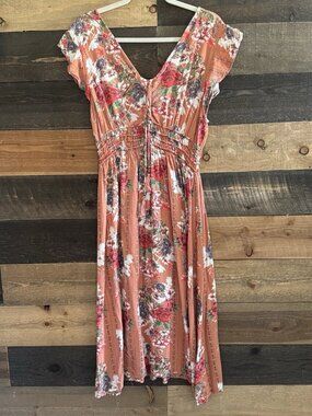 Nostalgia Flowy Floral Print Women’s Midi Dress • Large L Boho Open Neck